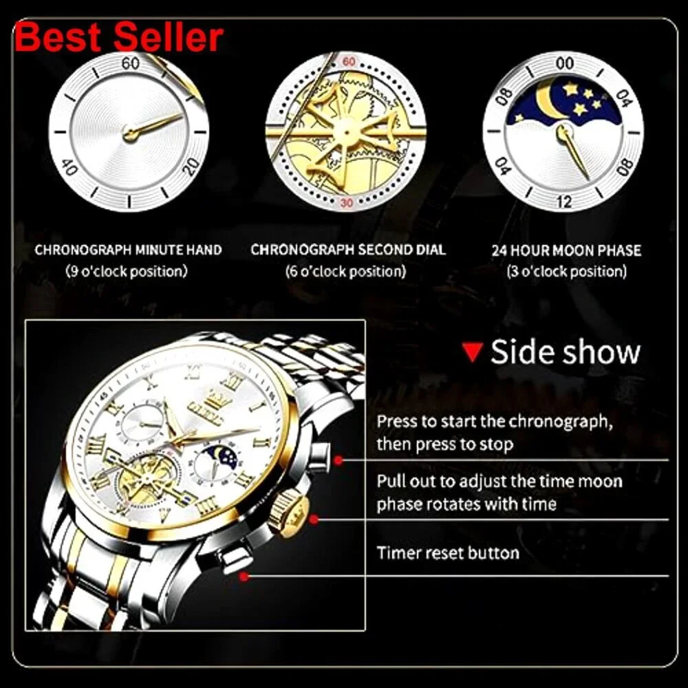 Stainless Steel Waterproof Quartz Watch with Adjustable Bracelet